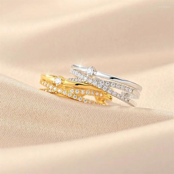 Anéis de casamento luxo feminino branco zircão anel aberto pena ouro prata cor ajustável para mulheres na moda pequena pedra jóias