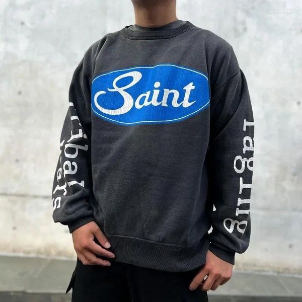 Erkek Sweaters Mavi Logo Michael Vintage Sweat Sıradan Gevşek Çatlak Baskı Mektubu Yüksek Kaliteli Sonbahar ve Kış Sakatı Sokak Giyim