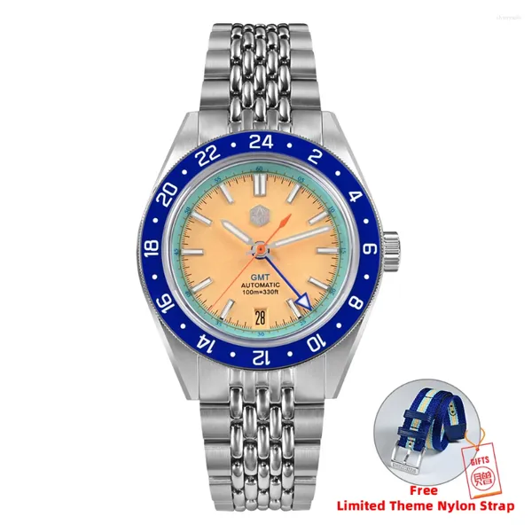 Armbanduhren San Martin Design 39,5 mm GMT Herrenuhr Fashion Limited Edition NH34 Automatische mechanische Armbanduhr Datum 10 Bar Luminous SN0116