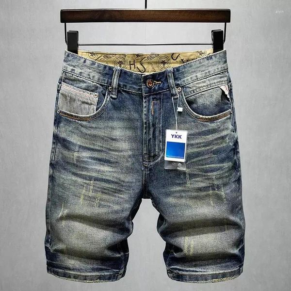 Мужские джинсы, летняя мода, мужские ретро синие, эластичные, облегающие, рваные, короткие, винтажные, дизайнерские, джинсовые шорты высокого качества