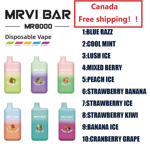 Original MRVI 8000 Puffs Vape E-Zigaretten Vape 15 ml Mesh Coil 650 mAh Batterie 0 % 2 % 3 % 5 % wiederaufladbare elektronische Zigaretten Kein Auslaufen 9k Puff Kostenloser Versand in Kanada