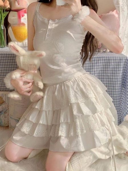 Vestidos de trabalho japonês kawaii doce festa mini saia feminina branco coreano bonito conjunto de duas peças feminino chique casual bolo renda sexy colete 2024