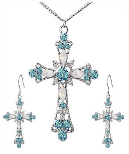 Kristall Anhänger Halsketten Ohrringe Sets Hochzeit Statement Halskette für Frauen Jesus Jewery Set Blume Christian Jewelry17010510