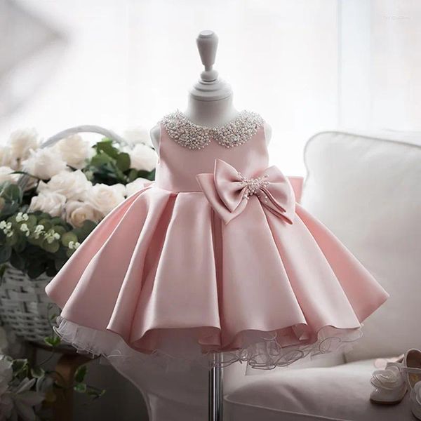 Mädchen Kleider Boutique Sommer ärmellos Perlen Schleife rosa Elfenbein Säugling Tüll Baby Kleinkind Mädchen Prinzessin Party