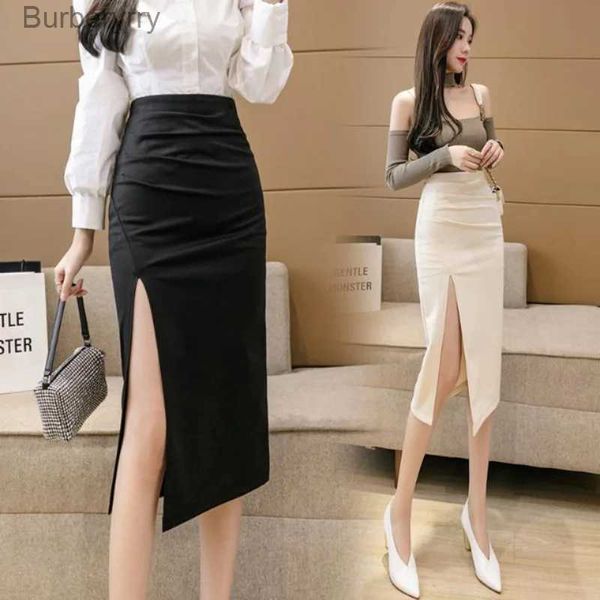 Gonne Autunno Vita alta Gonna a pieghe sottile Donna Sexy Front Split Slim Guaina Gonna lunga Donna Primavera Elegante Office Lady Gonna DonnaL231212