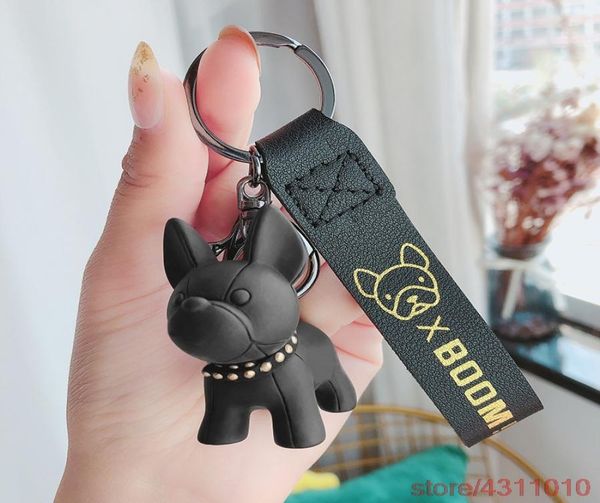 Moda Punk Fransız Bulldog Keychain PU Deri Köpek Anahtarlıkları Kadınlar Çanta Kolye Takı Biblo Mens Araba Anahtar Halkası Anahtar Zinciri1485274