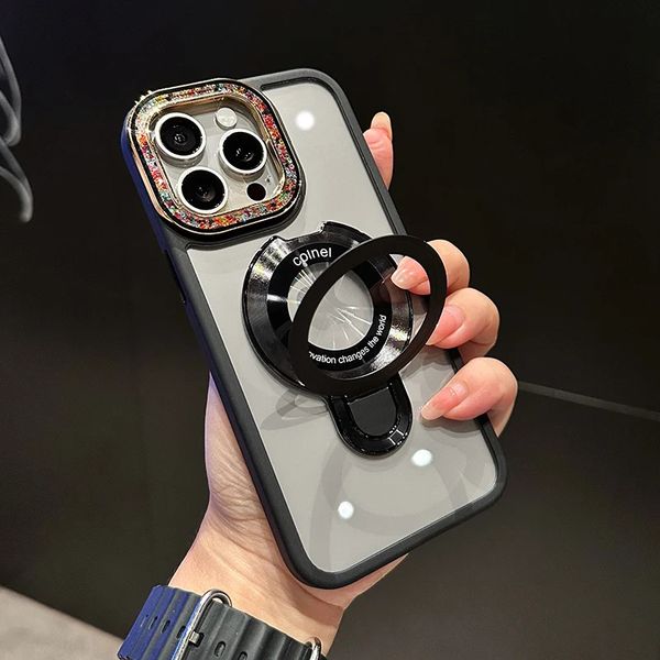 Custodia magnetica per fotocamera con diamante glitter di design di lusso per custodia pieghevole per iPhone 15 11 12 13 14 Pro Max Plus Custodia rigida trasparente per PC