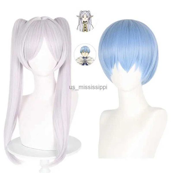 Cosplay Perücken Anime Charakter Frieren Cosplay Perücke 65CM Silber Weiß Lange Perücke + Ohren + Ohrringe Frieren Bei Der Beerdigung Blau Haarteil Zubehör L231212