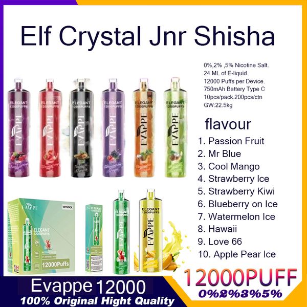 Jnr Shisha Hookah 12000 Puff Vapor Vape Vape Pen Crystal Bar Evappe Elegant 12000 Puffs Vaper 0% 2% 5% Nicotina E Cigarro porcelana atacado