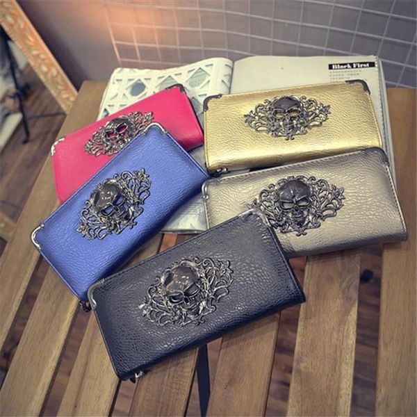 2020 Nuovo modello di teschio metallico portafoglio lunghe borsetta con cerniera Scheletro Porta della carta frizione portafoglio Women Carteira femminina3151