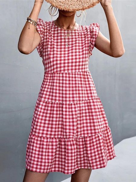 Lässige Kleider Sommer Plaid Frauen ärmellos kariert A-Linie Rundhalsausschnitt schwarze Frau Kleid lose Urlaub Strand kurze Sommerkleid