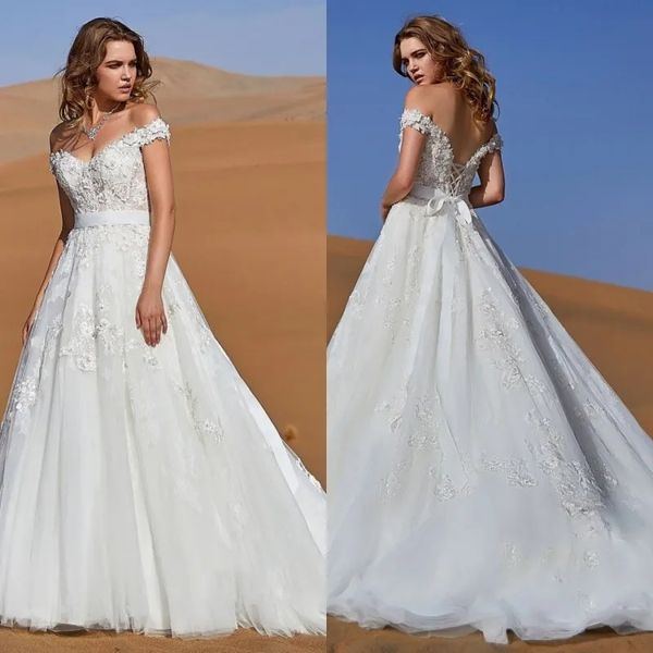 Cocomelody vestidos de casamento fora do ombro rendas apliques boêmio vestidos de noiva sem costas trem varredura a linha vestido de casamento robe de mariee