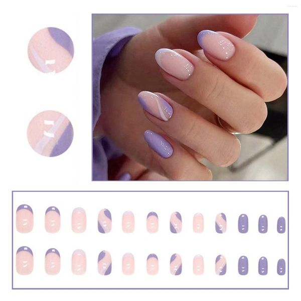 Falsas unhas completas dicas de unhas curto bailarina roxo cobertura brilhante para senhoras e meninas 24 peças com cola gel