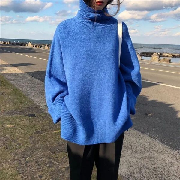 Suéter feminino suéter gola alta azul pulôver de malha básica malha roupas de inverno moda malhas oferece promoção