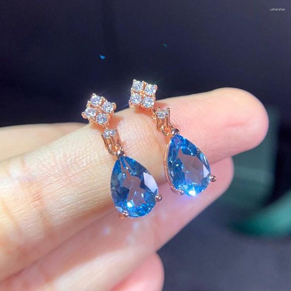 Dangle Küpe Mavi Kristal Topaz Aquamarine Taş Taşları Elmaslar Yonca Çiçekler Kadınlar İçin Damla 18K Gül Altın Dolgulu Takı Bijoux Hediye