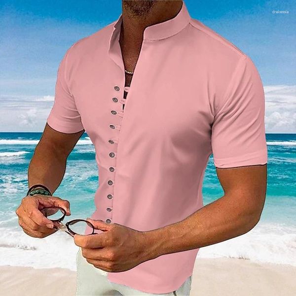 Camisas casuais masculinas verão estilo retro algodão camisa de linho mock pescoço sólido gola manga curta solta topo bonito