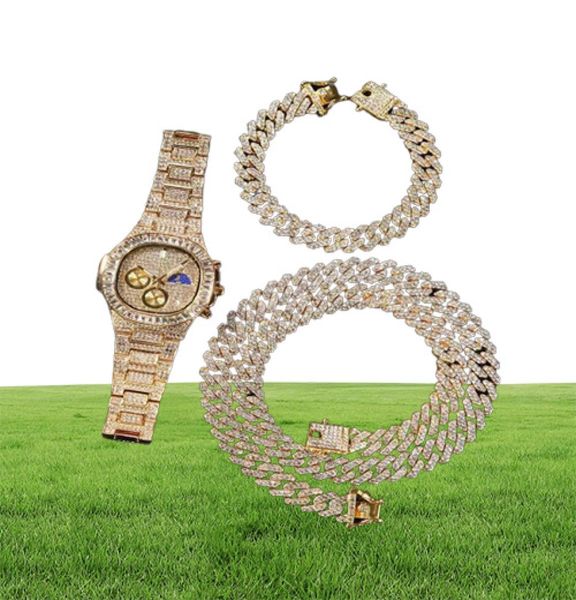 Iced Out Uhr Armband Halskette Schmuckset Luxus Designer Herren Hip Hop Bling Kubanische Gliederkette Armbänder Halsketten Goldketten G2564386