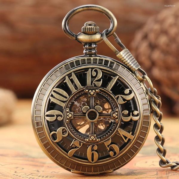 Taschenuhren Bronze Hohle arabische Ziffern Uhrengehäuse Herren Retro Mechanisch Handaufzug Antik Geschenk Anhänger Uhr mit Kette