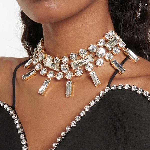 Gargantilha moda strass oco quadrado pingente colar jóias de casamento para mulheres luxo cristal múltiplas linhas colar de noiva