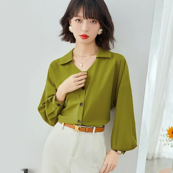 Blusas femininas de alta qualidade coreano abacate verde francês chiffon tops mulheres camisas de manga comprida