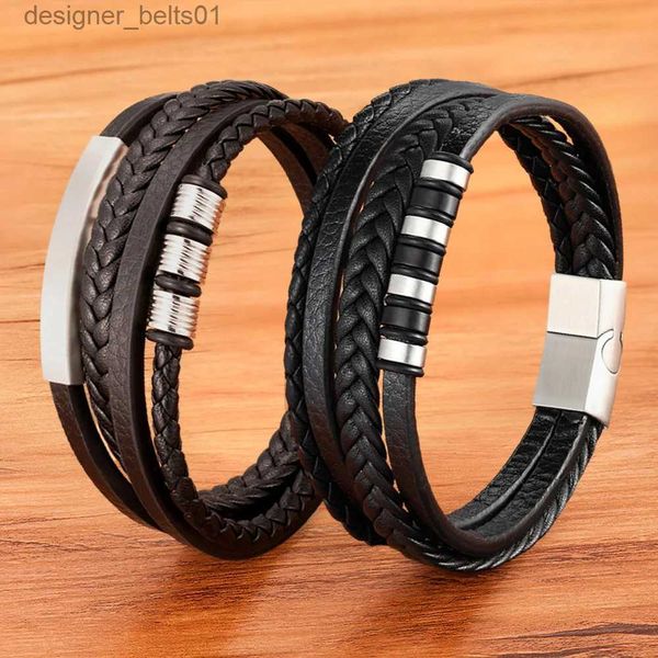 Charm Armbänder TYO Heißer Verkauf Multilayer Geflochtene Wr Leder Armbänder Für Männer Edelstahl Charme Magnetische Verschluss Rock Handgemachte Armreifen Geschenk L231214