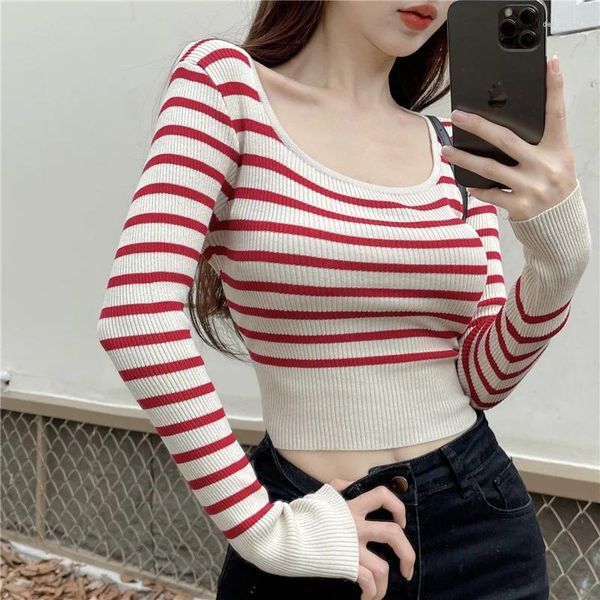 Suéter feminino listrado suéter pullovers outono o pescoço lazer simples malhas cortadas elegante vintage clássico ulzzang moda