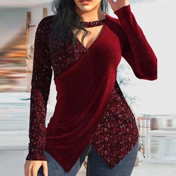 Camicette da donna Sexy scollo a V Hollow Halter Irregolare Donna Primavera Velluto Splicing Paillettes Lucido Camicia Autunno Manica lunga Slim Top Pullover