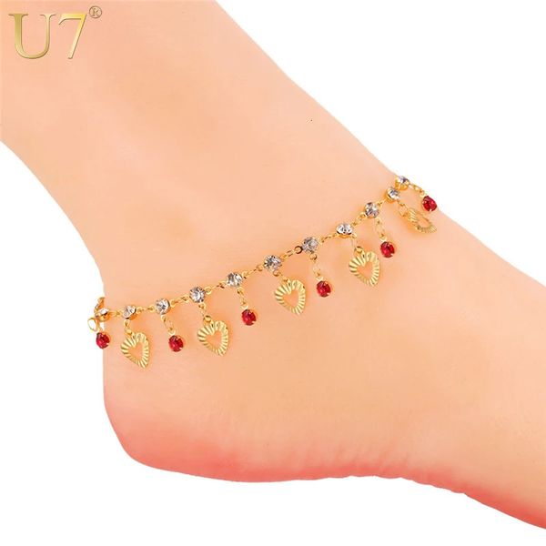 Cavigliere U7 Trendy cuore cavigliera gioielli estivi regalo cristallo rosso color oro braccialetto a catena per piede per le donne A301 231211