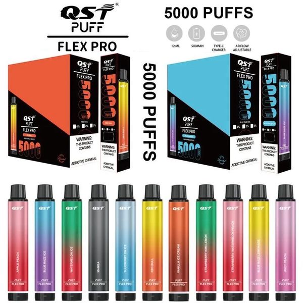 Autêntico QST Vapor Flex Pro 5000 Puffs Vape Descartável 15 Sabores 12ml Pré-preenchido Recarregável E Cigarro Stick 0mh 20mg 50mg Dispositivo de Caneta de Vapor de Controle de Fluxo de Ar