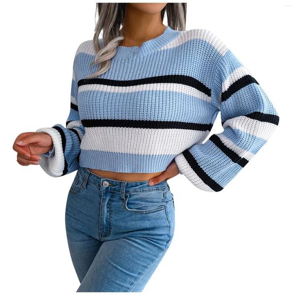 Maglioni da donna Stripe Vestibilità ampia Pullover Maglione lavorato a maglia Donna Manica lunga O Collo Maglieria corta Autunno Moda femminile Streetwear 2023