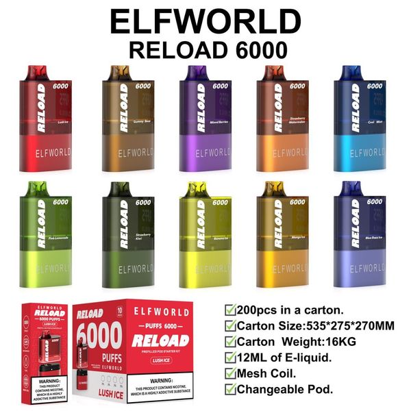 Elfworld Reload 6000 Lost Wape EB Desire Design Puffbar usa e getta 850mAh Batteria Pro Max Legend Woodz 10000 12000 18000 Sostituisci Pod preriempito Lowitte all'ingrosso