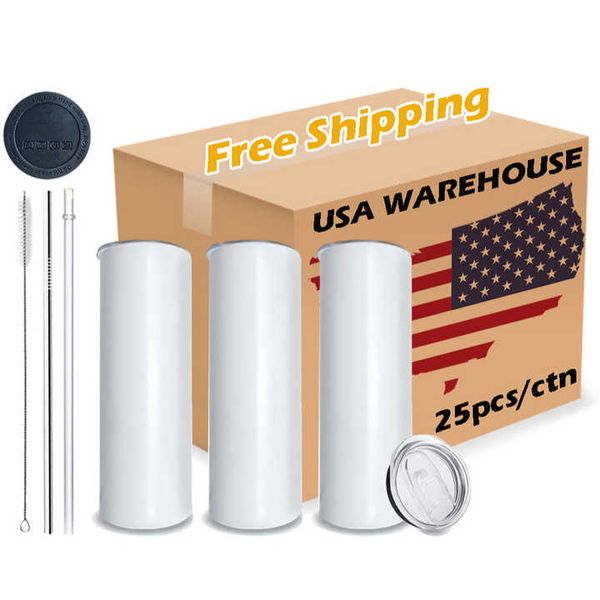 USA CAN Warehouse Bicchieri per sublimazione a doppia parete da 20 once Bicchieri in acciaio inossidabile con cannuccia in plastica 1212