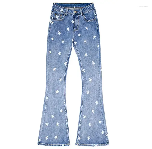 Jeans femininos estilo jeans feminino 2023 outono picante meninas rua moda personalidade estrela padrão impresso azul lavado denim sino