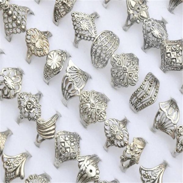 Clusterringe Großhandel 10 Stück Gemischte Vintage Silber Farbe Hohl Stil Design Blume Für Männer Frauen Schmuck Zufällig Senden