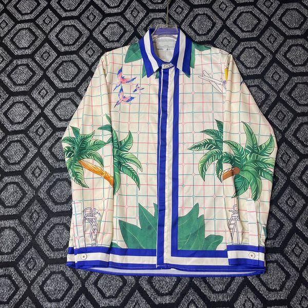 23fw Europa EUA Havaí Praia Branco Azul Treliça Mangas Poliéster Verão Manga Longa Camisa Casual Homewear