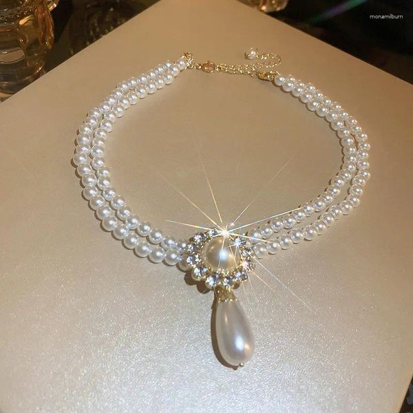Anhänger Halsketten Retro Zweireihiger Stil Strass Perlenkette Französische Königliche Schlüsselbeinkette Frauen