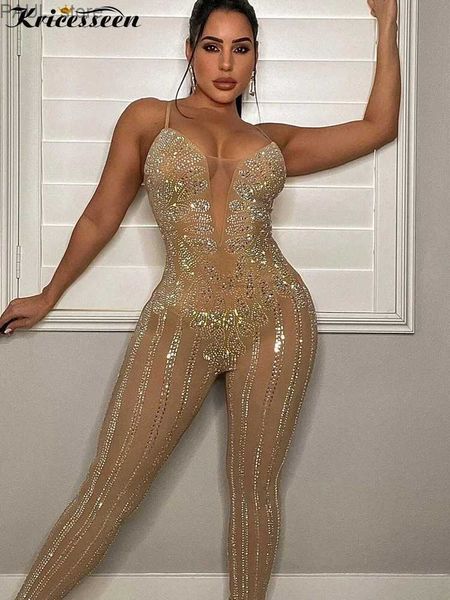 Dames Jumpsuits Rompertjes Kricesseen Sexy Strass Kristal Sheer Skinny Jumpsuits Dames Strap Mesh Patchwork One Pieces Rompertjes Nachtclubwear OutfitsL231212