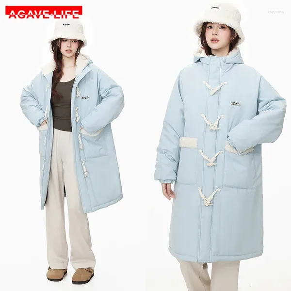 Damen Trenchcoats Frauen Harajuku Hornknopf gespleißt Sherpa Kapuze Parkas Jacke Winter dick Mode warm mittellang Baumwolle gepolstert Mantel