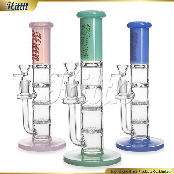 Hittn Glass Bong Water Tubs 10 polegadas de tubo reto Bongo Turbina PERC Double Honeycome PERC Mão soprada Tubo de fumante com tigela de 14 mm 420 Novo