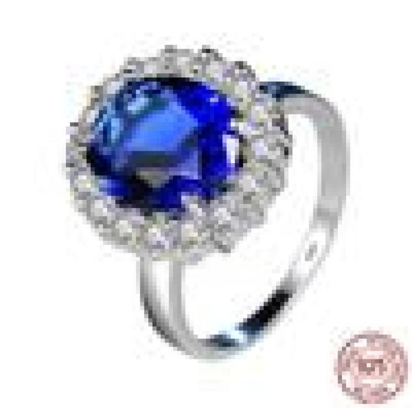 Princesa William Kate Azul Zircão Cúbico Anéis de Noivado para Mulheres 925 Prata Esterlina Anel de Casamento Jóias Presente XR2343810108