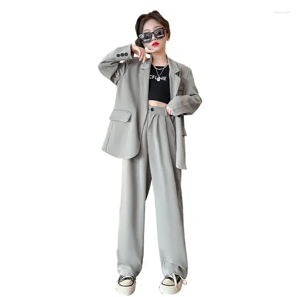 Kleidung Sets Koreanische Anzug Für Mädchen Mode Jacke Mantel Breite Bein Hosen Zwei Stücke Frühling Herbst Teenager Mädchen Coole formelle Outfits