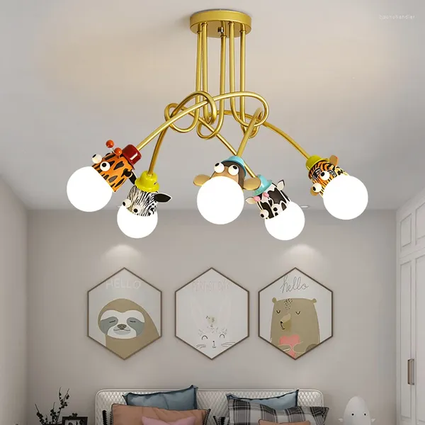Lustres nórdicos ouro led lustre sala de estar criativo animais design pingente lâmpadas quarto infantil controle remoto luzes interiores