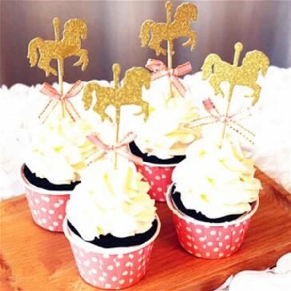 Cavalo dos desenhos animados cupcake topper com gravata borboleta glitter ouro carrossel festa de aniversário de casamento decoração do bolo diy artesanal decor2756