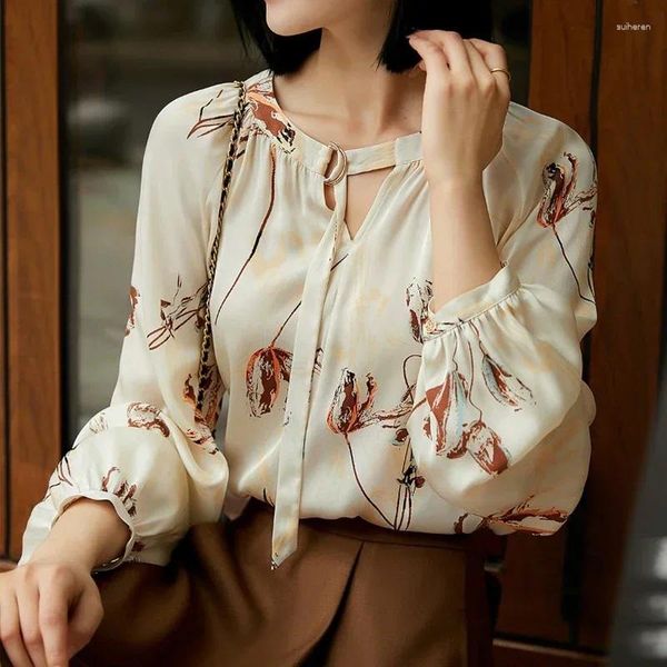 Camicette da donna Camicia con stampa astratta Donna Manica lunga a lanterna Top Autunno 2023 Elegante camicetta di seta con scollo a V Office Lady Clothes Blusas 30045