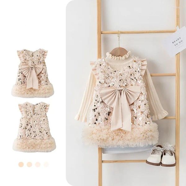 Mädchen Kleider Weihnachten Tanz Mädchen Prinzessin Kleid Herbst Winter 2023 kinder Stil Pailletten Quaste Pelz Weste Mode