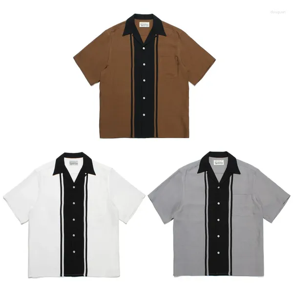 Camisas casuais masculinas Wacko Maria Fibra de poliéster manga curta listra preta impressão lapela homens mulheres respirável oversize fino botão camisa tee