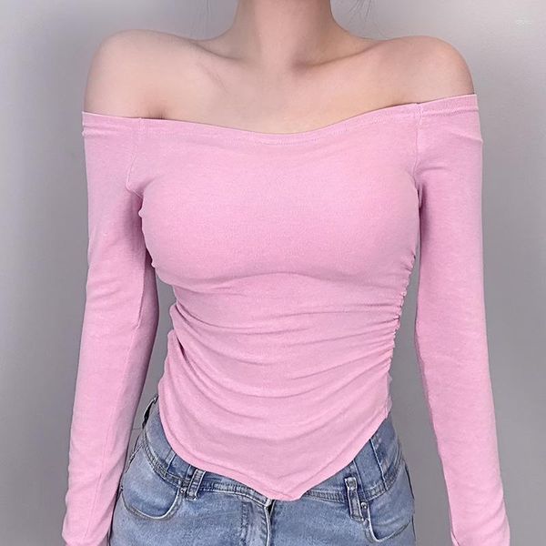 Kadın Tişörtleri Gerçek S Güney Kore Dongdaemun Strapless Seksi Derigy All-Eşleştirme İnce Fit Zayıflama Uzun kollu T-Shirt Üst