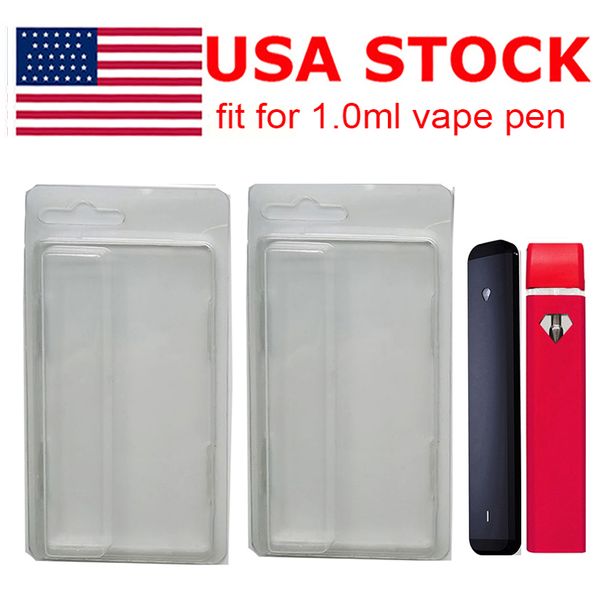 Confezione stock USA Custodia in blister in PVC trasparente Confezione da 1 ml Confezione di penne per vaporizzatore monouso con gancio per penna Vape Confezione di penne in plastica Custodia a conchiglia in plastica Sigarette elettroniche Carte con logo personalizzato 800 pezzi