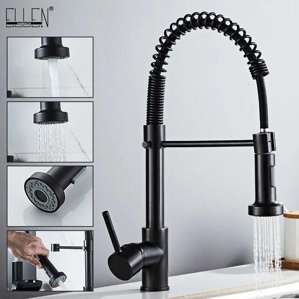 Torneiras de cozinha Deck Montado Flexível Pull Out Mixer Torneira Preta Torneira Fria Primavera Estilo com Spray Misturadores Torneiras E9009 231211