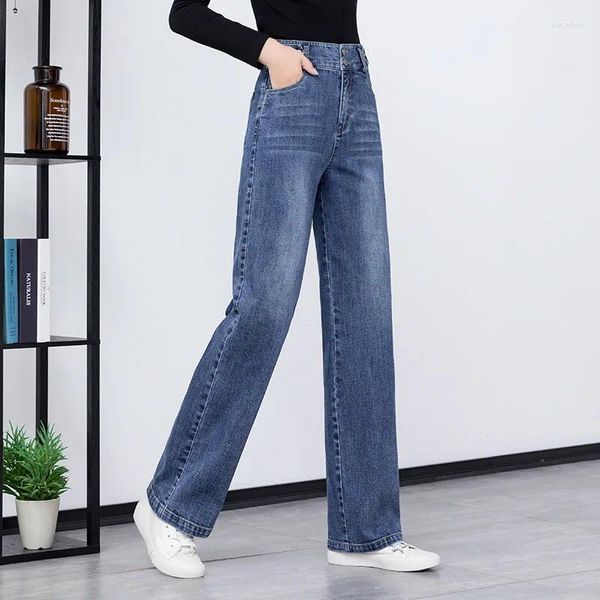 Jeans femininos mulheres perna reta denim para primavera outono cintura alta solta encaixe lavado azul escuro casual zero branqueado
